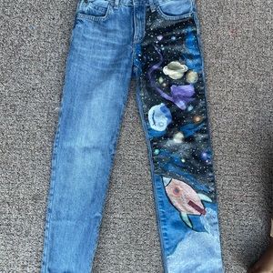 Boy fitted handmade handpainted galaxy rocket ship pants
